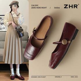 ZHR则则方头酒红浅口单鞋2025新款法式玛丽珍鞋复古一字带平底鞋