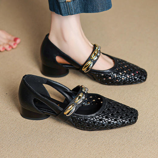 【预售5天】时尚粗跟镂空女鞋法式优雅方头中跟一字带编织鞋女HCYYHD&6161 商品图2