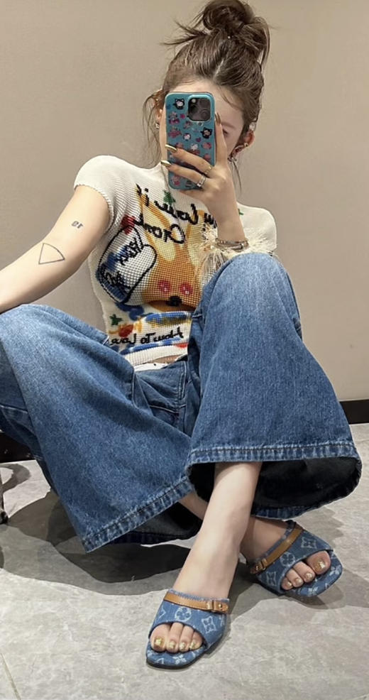 527-8 白三彩猫跟拖鞋 牛仔蓝猫跟拖鞋 卡码选大一号 商品图2