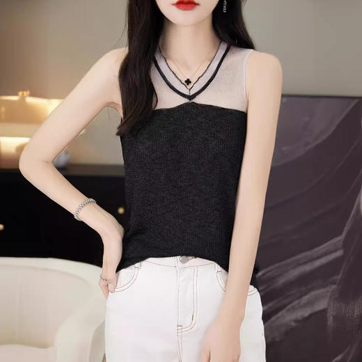 雀说镂空网纱吊带背心女无袖针织衫百搭新款上衣时尚轻薄舒适透气T恤AL1125 商品图0