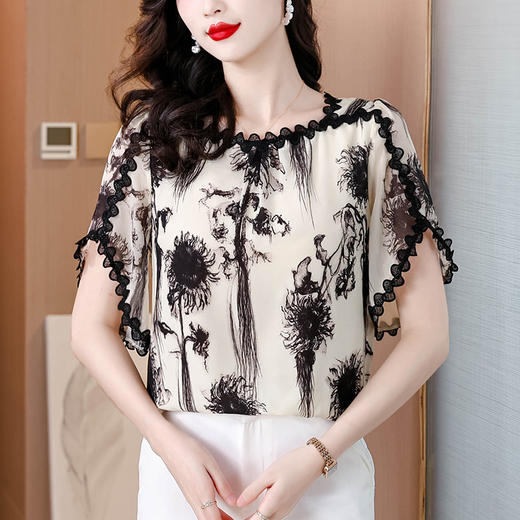 雀说水墨印花上衣女时尚宽松飞飞袖短袖减龄遮肚子洋气小衫ALMZ1191 商品图1