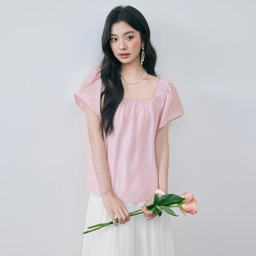 【严选】诗凡黎粉色甜美醋酸方领衬衫2025夏新款法式复古温柔显白小上衣女7G5320271 商品图0