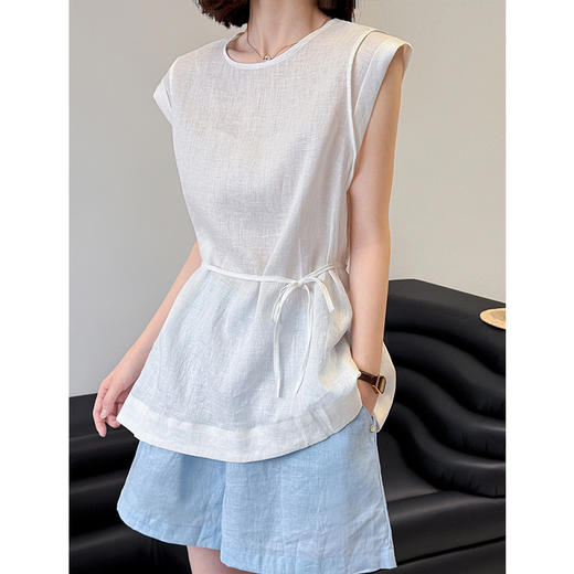 雀说新款收腰系带上衣温柔韩系独特亚麻气质无袖衬衫女AL25199 商品图3