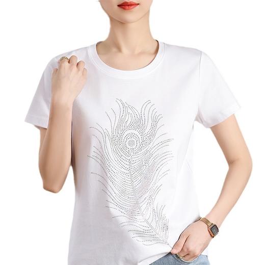 雀说重工烫钻丝光棉白色短袖T恤女夏季新款宽松显瘦圆领半袖T恤上衣AL2403 商品图4