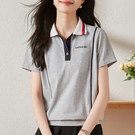 雀说翻领撞色短袖t恤新款宽松高端polo衫有领上衣半袖体恤AL20008 商品图2