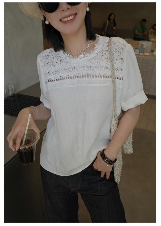 ✨【cosAcosB蕾丝亚麻半袖衬衫】老钱风天hua板！55%亚麻 45%棉，手感舒适柔软，坚韧耐用，天然抑菌，防紫外线 商品图0