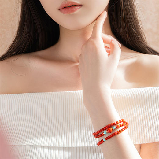 【新品首发】三圈南红手链 中国风黄色18k金绿松石手串手链女士礼物MEMORA诗普琳MB005502 商品图1