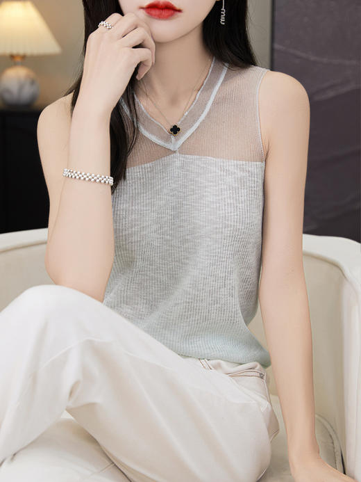 雀说镂空网纱吊带背心女无袖针织衫百搭新款上衣时尚轻薄舒适透气T恤AL1125 商品图5