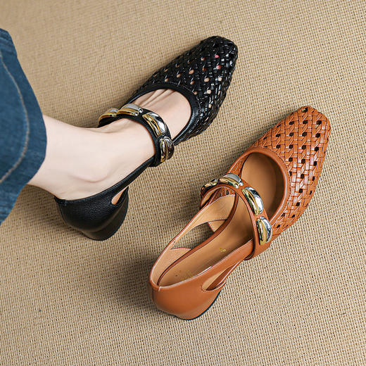 【预售5天】时尚粗跟镂空女鞋法式优雅方头中跟一字带编织鞋女HCYYHD&6161 商品图1