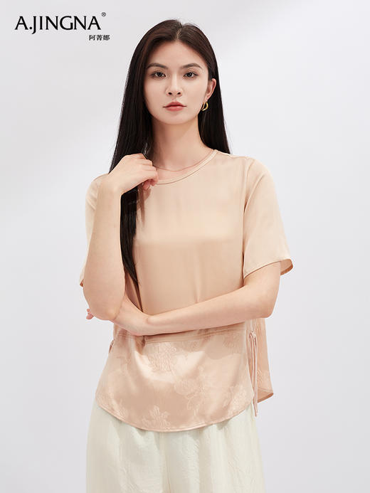 【简约大方】阿菁娜温婉新中式拼接桑蚕丝提花短袖上衣F30X202026 商品图1