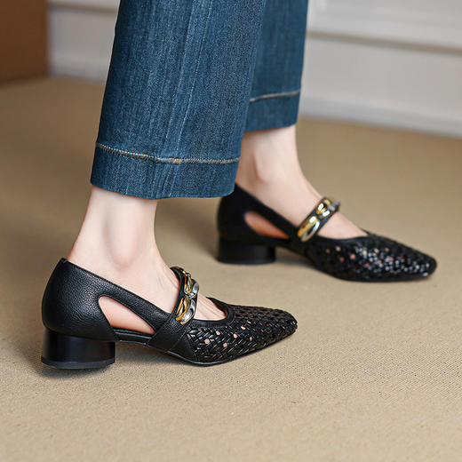 【预售5天】时尚粗跟镂空女鞋法式优雅方头中跟一字带编织鞋女HCYYHD&6161 商品图4