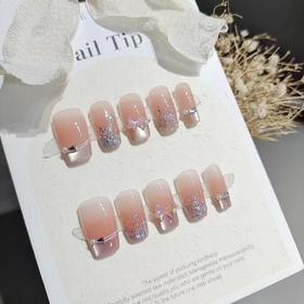 【法式闪粉】穿戴甲10片S187织梦蝴蝶短梯气质显白法式闪粉腮红甲手工假指甲片。ry