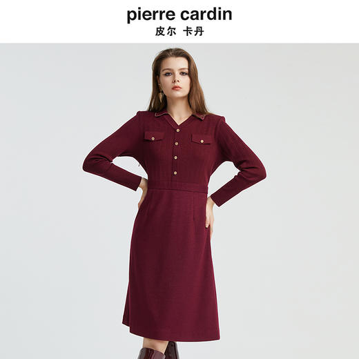 [皮尔卡丹女装]春季新款红色圆领连衣裙含羊毛一步裙 商品图3