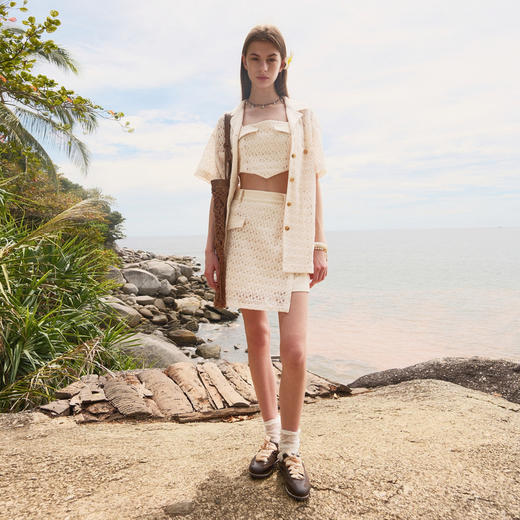 lost in echo2025夏季新款度假蕾丝钩花宽松衬衫抹胸背心半裙套装 商品图0