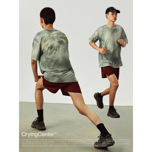 CryingCenter 速度感变形3Clogo灰绿扎染跑步吸湿速干运动短袖T恤 商品图1