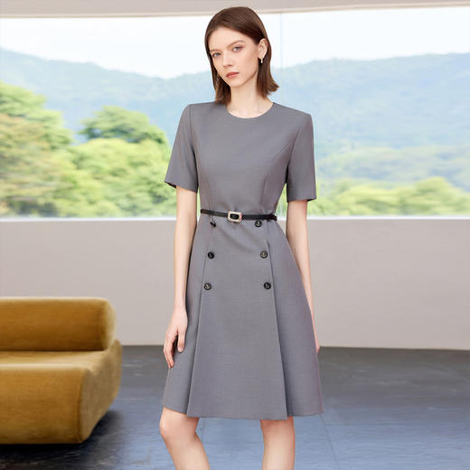 IWY/高级感灰色短袖圆领连衣裙女夏季新款气质收腰通勤A字裙Q1356 商品图1
