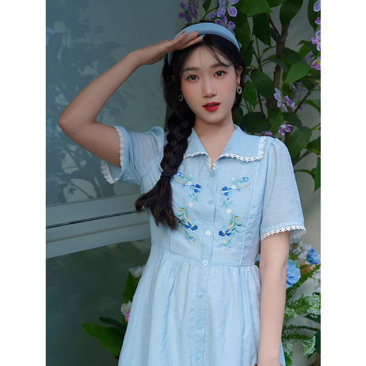 两三事梵高文艺鸢语未央2025夏季新款花边拼接翻领绣花a字连衣裙 商品图2