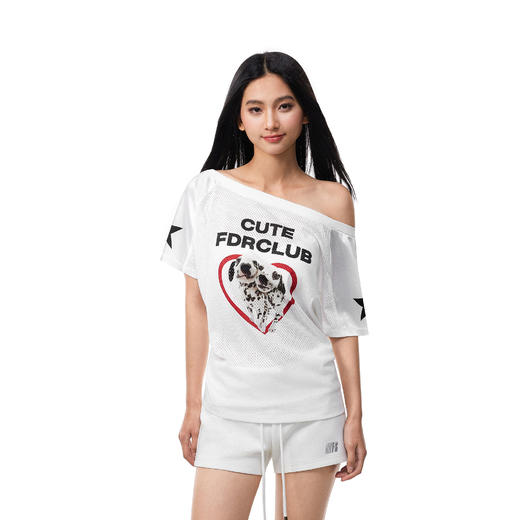 FDR官方店 小狗辣妹斜肩短袖T恤女夏季露肩网眼拼接球衣 商品图1