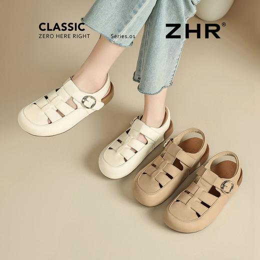 ZHR则则真皮镂空包头罗马凉鞋女软底猪笼鞋夏季百搭时装凉鞋平底 商品图4