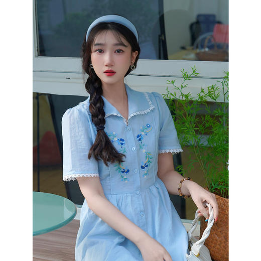 两三事梵高文艺鸢语未央2025夏季新款花边拼接翻领绣花a字连衣裙 商品图4