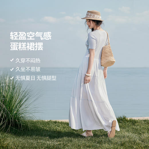 【严选】诗凡黎蓝色针梭拼接短袖连衣裙2025夏新款海边度假风大裙摆蛋糕裙7G4490511 商品图2