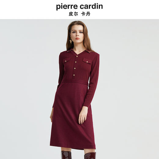 [皮尔卡丹女装]春季新款红色圆领连衣裙含羊毛一步裙 商品图0