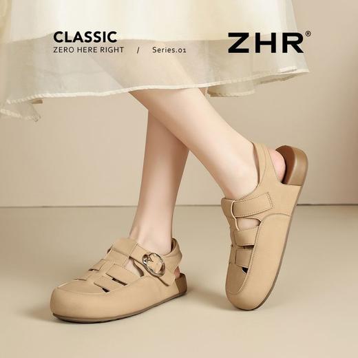 ZHR则则真皮镂空包头罗马凉鞋女软底猪笼鞋夏季百搭时装凉鞋平底 商品图9