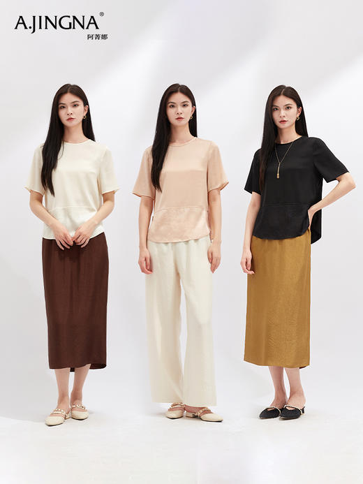 【简约大方】阿菁娜温婉新中式拼接桑蚕丝提花短袖上衣F30X202026 商品图0
