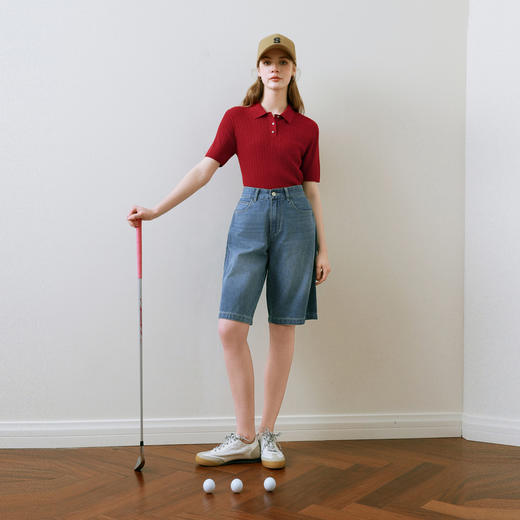 【商场同款】诗凡黎红色Polo针织衫2025夏新款短袖上衣3G4230461 商品图1