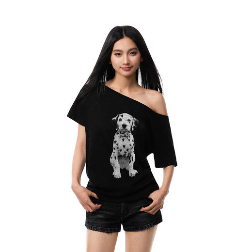 FDR官方店 爱心斑点小狗辣妹斜肩短袖t恤女夏季露肩宽松上衣 商品图0