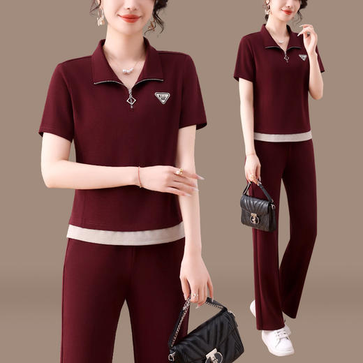 雀说时尚休闲运动套装女新款短袖薄款跑步红色宽松洋气两件套AL23028 商品图0