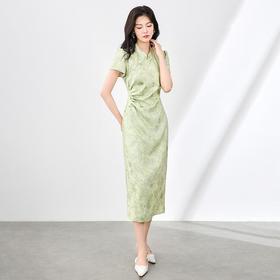 「高货wl」全新升级【铂金会员293/天猫399/差价106】(94832)洛诗琳绿叶提花新中式连衣裙2025夏季收腰显瘦国风旗袍裙wl