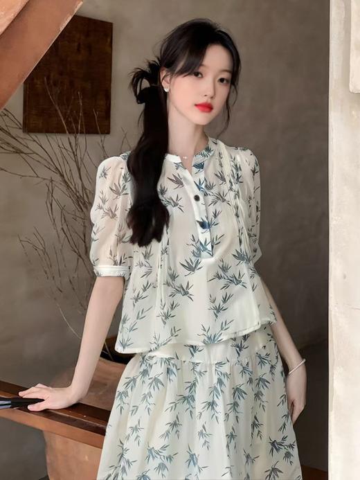 七夕节清仓 天丝面料！！【三件套】超美推荐 雅致竹叶款春夏短袖上衣+吊带+连衣裙套装-喜出 商品图0