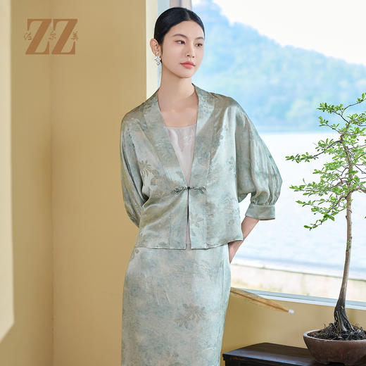 佐尔美夏季新款新中式国风桑蚕丝衬衣套装女M52CS44 商品图3