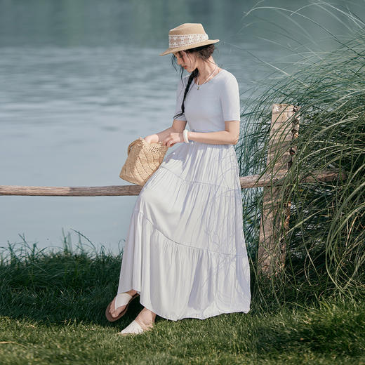 【严选】诗凡黎蓝色针梭拼接短袖连衣裙2025夏新款海边度假风大裙摆蛋糕裙7G4490511 商品图4