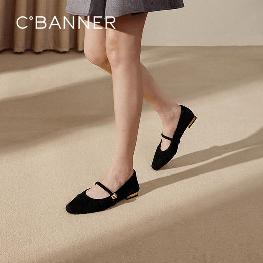 千百度羊皮蛇皮纹玛丽珍鞋女款气质百搭新款低跟平底休闲浅口单鞋A25180078 商品图0