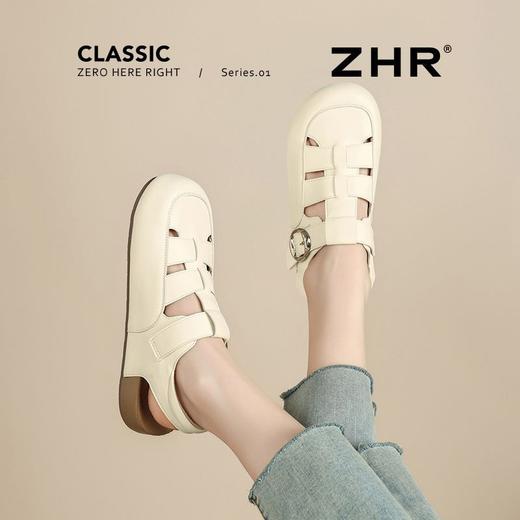 ZHR则则真皮镂空包头罗马凉鞋女软底猪笼鞋夏季百搭时装凉鞋平底 商品图1