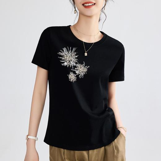 「自」全新升级【铂金会员109/天猫139/差价30】(01219)洛诗琳重工钉珠T恤2025夏季新款休闲百搭立体花朵短袖上衣 商品图2