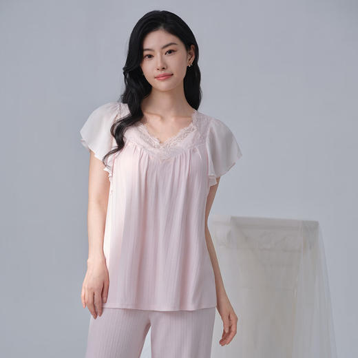 【3F】安莉芳时尚v领套头法式睡衣带杯垫女士家居服套装EL00851 浅粉色LPK M 商品图0