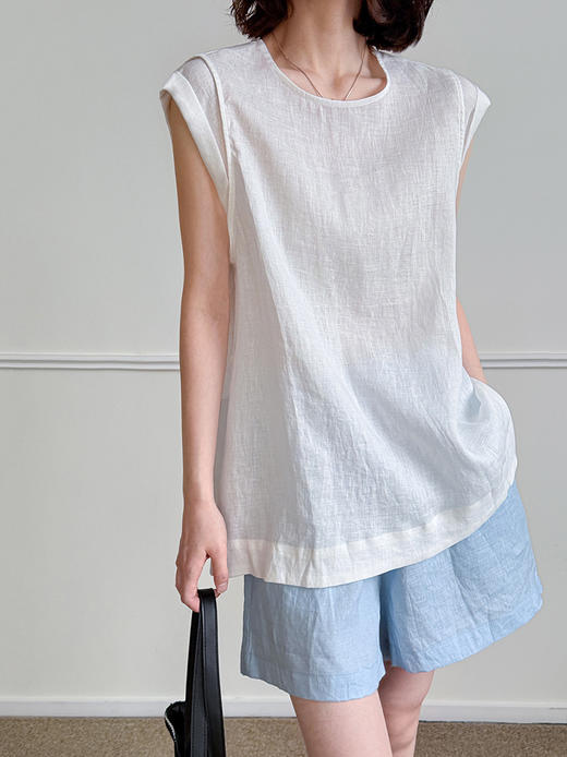 雀说新款收腰系带上衣温柔韩系独特亚麻气质无袖衬衫女AL25199 商品图7