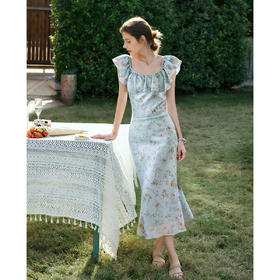 OLrain欧芮儿碎花方领荷叶边法式连衣裙女夏季2025新款蓝色茶歇裙