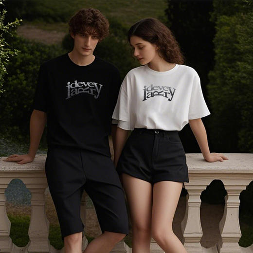 IDEVERRAY法式复古圆领短袖烫钻T恤男女印花情侣装全棉宽松上衣夏21MSL-ID25SSFAT009 商品图4