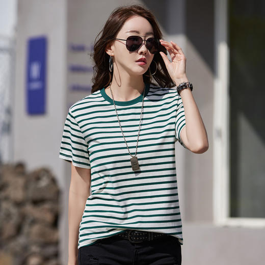 雀说短袖T恤女纯棉夏季韩版宽松大码条纹圆领上衣服AL9847 商品图1