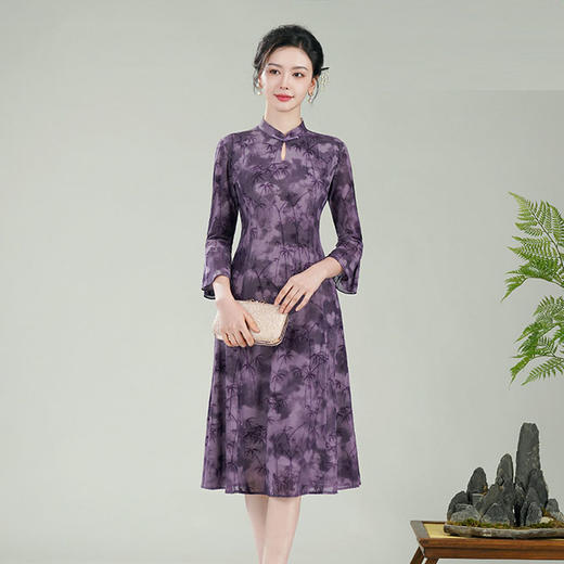 XGT-Q25012紫竹2025春夏女装新款中袖复古改良新中式修身旗袍连衣裙 商品图0