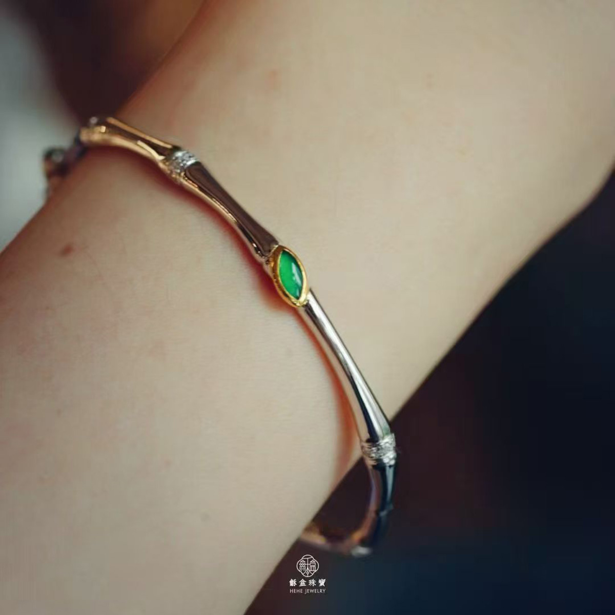 龢盒原创 青竹翡翠银手镯