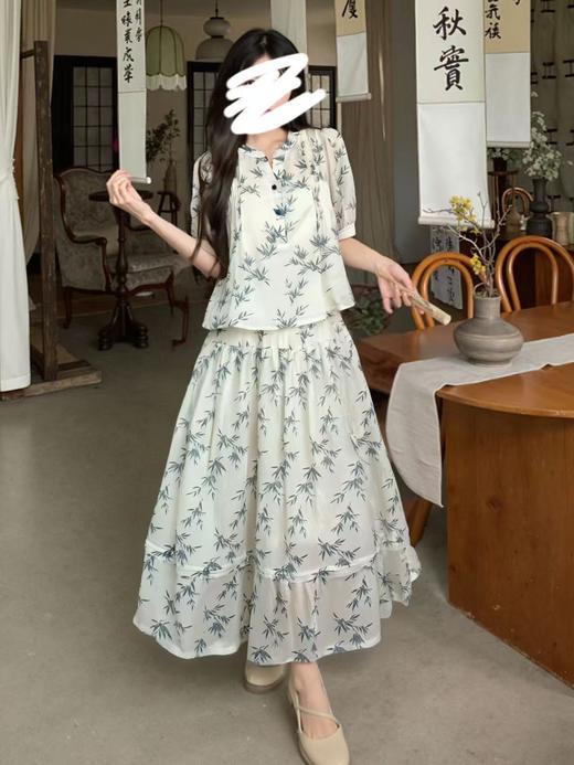 七夕节清仓 天丝面料！！【三件套】超美推荐 雅致竹叶款春夏短袖上衣+吊带+连衣裙套装-喜出 商品图2