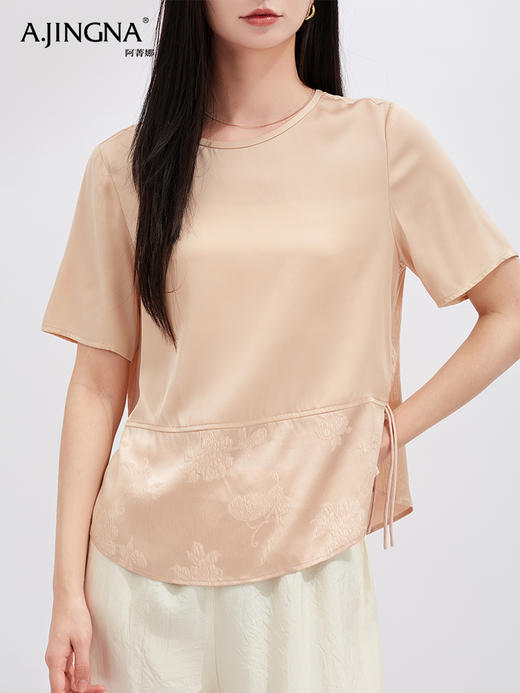 【简约大方】阿菁娜温婉新中式拼接桑蚕丝提花短袖上衣F30X202026 商品图3