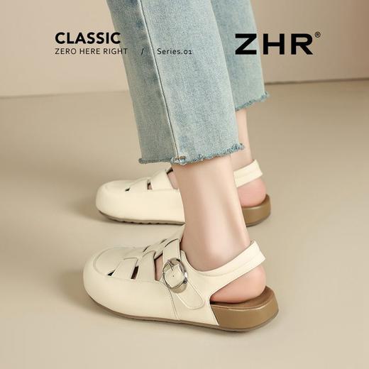 ZHR则则真皮镂空包头罗马凉鞋女软底猪笼鞋夏季百搭时装凉鞋平底 商品图5