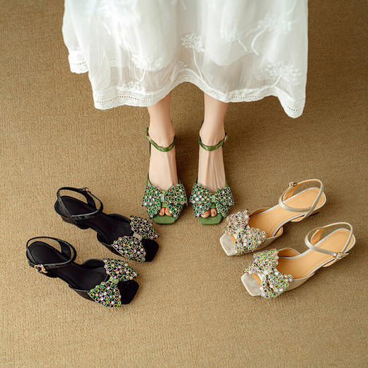 【预售5天】真皮仙女粗跟露趾凉鞋夏季配裙子中跟蝴蝶结一字带高跟鞋DB&M5927 商品图2