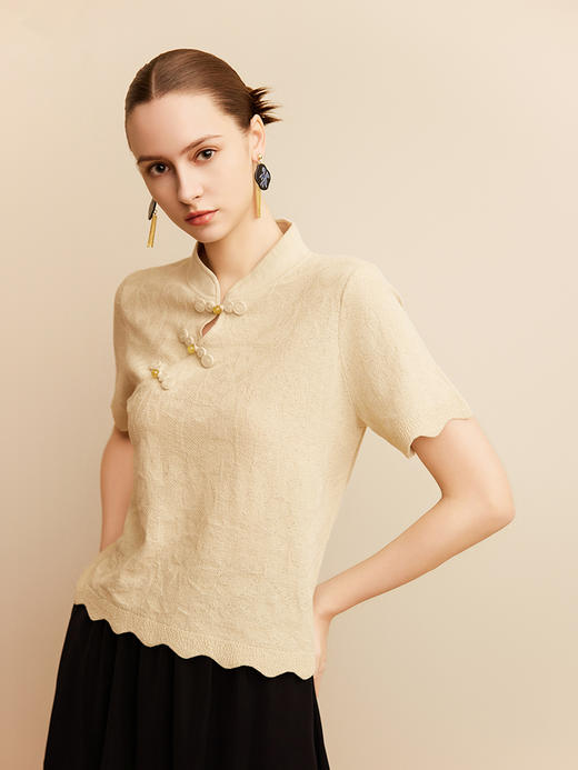 【棉麻中国风针织套衫】25年春夏新品女士中国风复古盘扣短袖上衣 商品图2